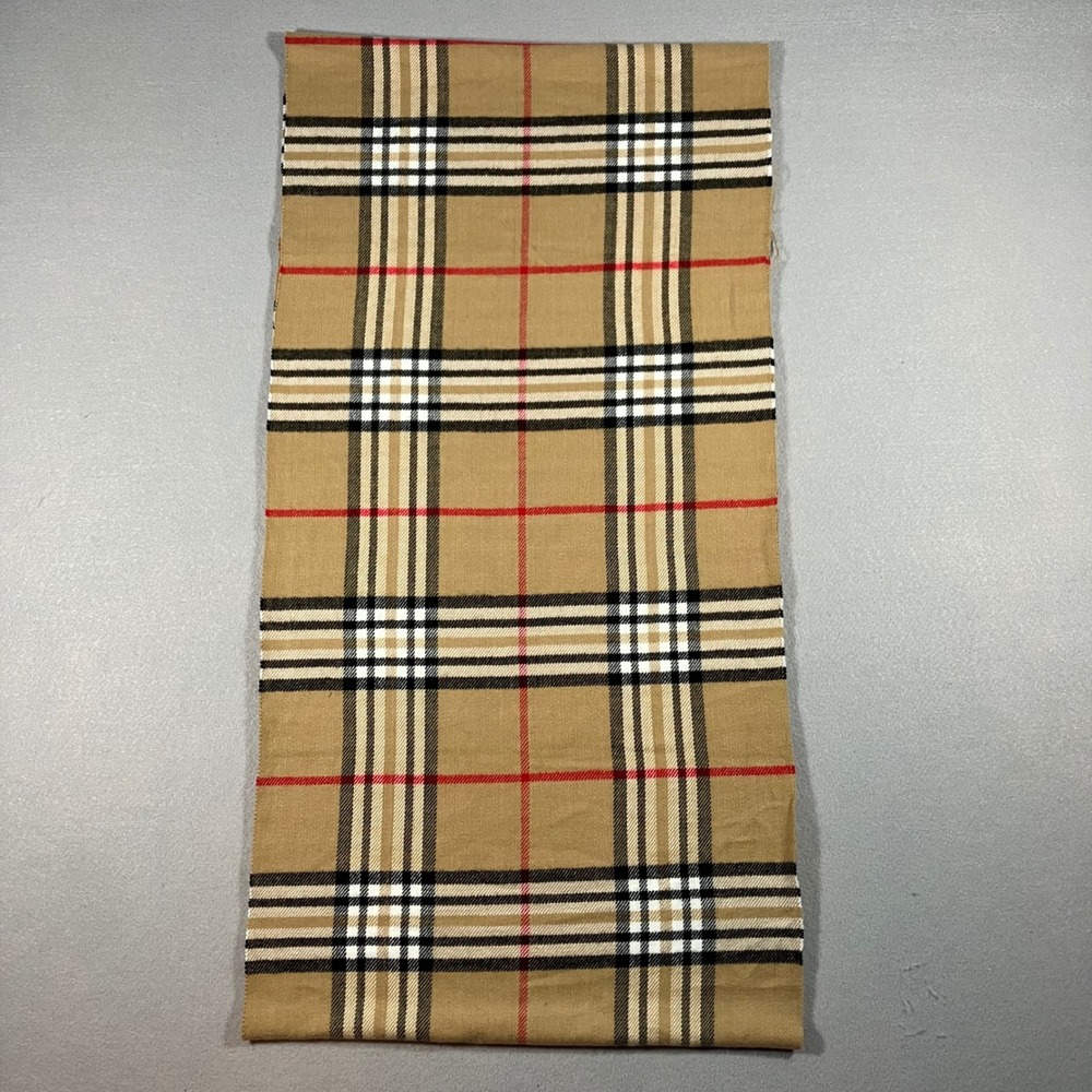 Vintage Burberry-Style 100% Cashmere Nova Check Plaid Scarf Tan Made in Scotland